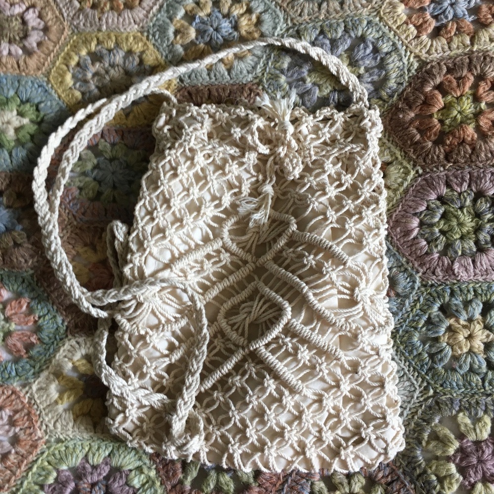 Vintage 1960’s Crochet Macrame Lined Drawstring Bag
